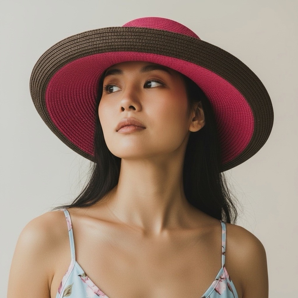 Filippo Catarzi Two-Tone Hot Pink & Brown Wide Brim Sun Hat‎ 100% Paper